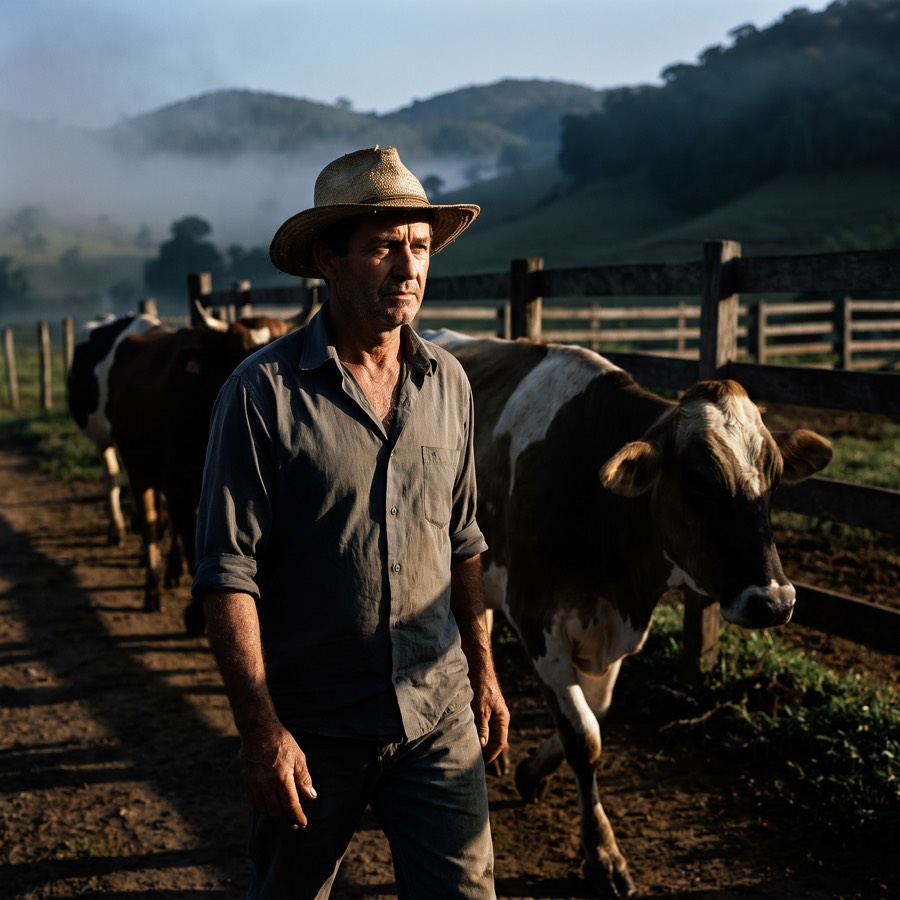 Trabalhador rural de chapéu de palha conduzindo vacas leiteiras no pasto pela manhã